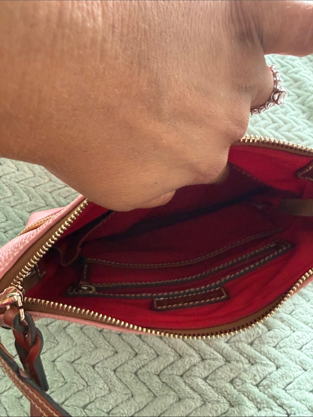 Dooney & Bourke Pink Pebble Leather Crossbody with Brown Trim - Picture 7 of 8